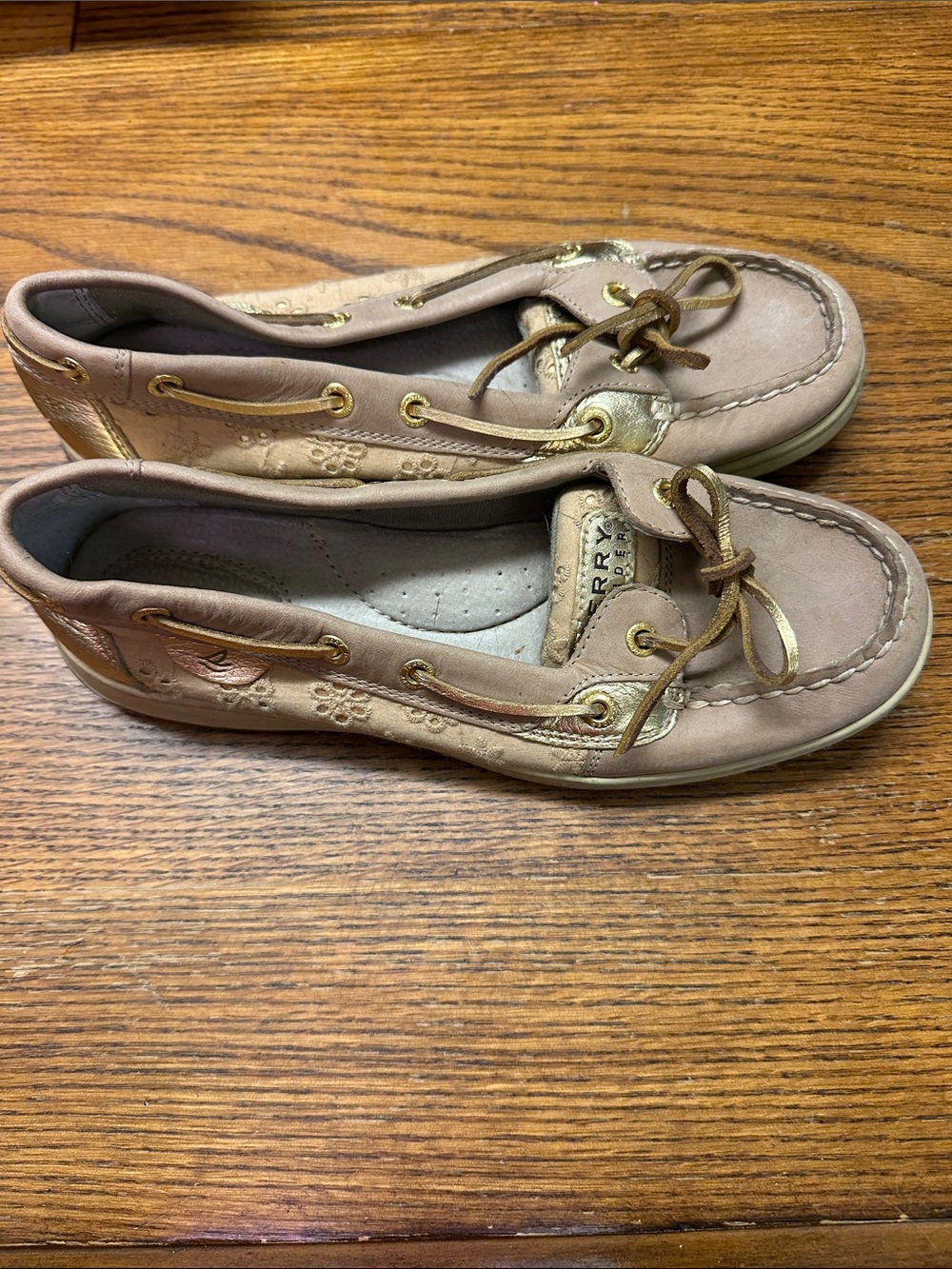 Sperry Taupe and Gold Leather Boat Loafers - Picture 2 of 7